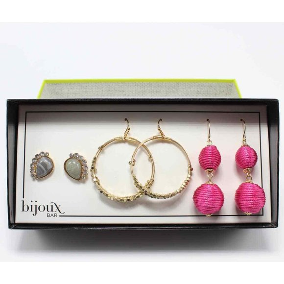 Bijoux Bar 3 Pairs Earrings Hot Pink Drops & Gray Crystal Posts & Gold Hoops NIB - Picture 8 of 8